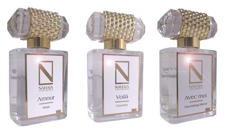 Natural Perfume Gift Set 3 × 1.76 fl oz Eau de Parfum A luxury trio of organic essential oil perfumes: Nourishing Blend, Rose, and Coconut. Natural, non-synthetic, sensual, and uplifting.