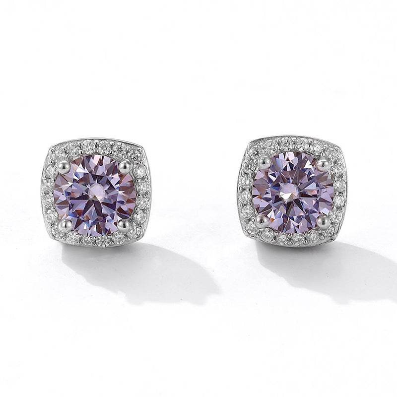 S925 Magnetic Multicolor Moissanite Square Halo Stud Earrings for Men Women, 0.5/1ct Round Cut, Inlaid Magnetic Earrings Non-Piercing Clip On Stud Earring