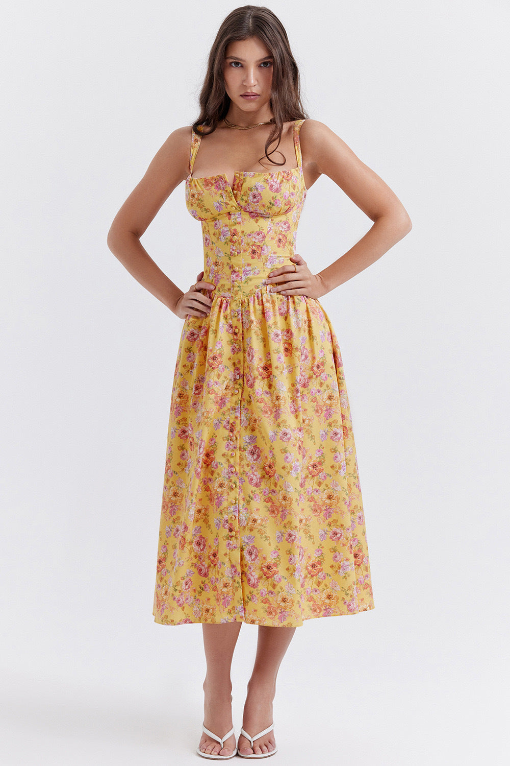Floral Printed French Lace-Up Halter Dress - Sleeveless Spaghetti Strap Holiday Party Dress with Suspender Detail