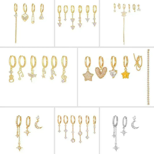 5 Pieces Sun & Moon Romance Earring Set, 18k Gold Hoop Stud Drop, S925 Needle, Stacked Lobe Designs with Dazzling Zirconia