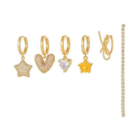 6 Pieces Charming Starflower Links Earring Set, 18k Gold Hoop with Drops, S925 Needle, Stacked Lobe Designs with Dazzling Zirconia