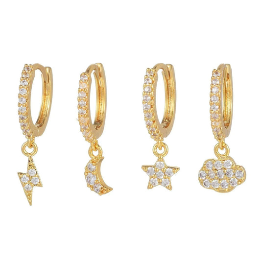 4 Pieces Celestial Drops Earring Set, 18k Gold Hoop with Drops, S925 Needle, Stacked Lobe Designs with Dazzling Zirconia