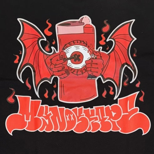 Black Mynd Lighter T-Shirt with lighter with wings graphic and graffiti logo.