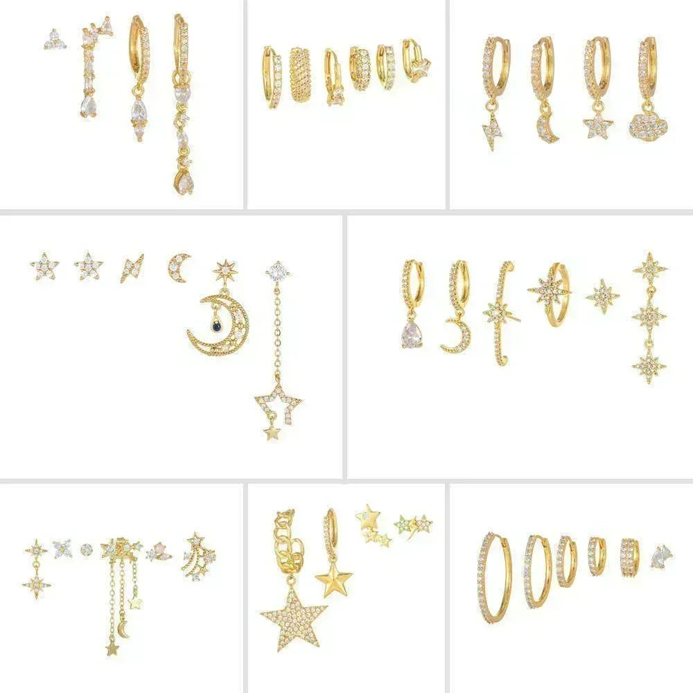 6 Pieces Crystal Cascade Drops Earring Set, 18k Gold Hoop with Drops, S925 Needle, Stacked Lobe Designs with Dazzling Zirconia