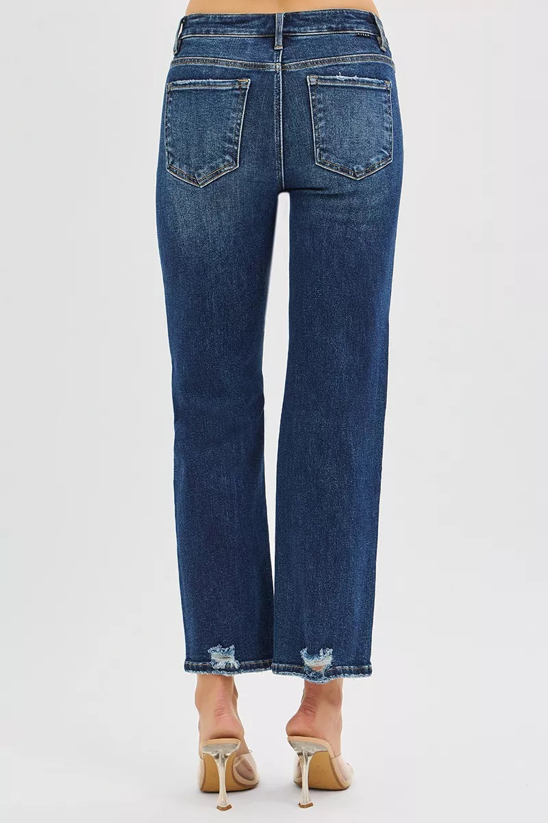 High Rise Crop Slim Straight RISEN Jeans with Hidden Knee Patch