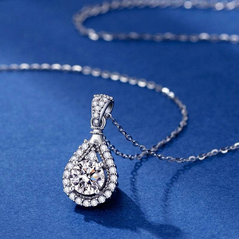 S925 Moissanite Teardrop Halo Pendant Necklace with Pavé Top Frame, 1-5ct VVS1 D-Grade Certified, Sterling Silver Pear Shape Pendant for Her