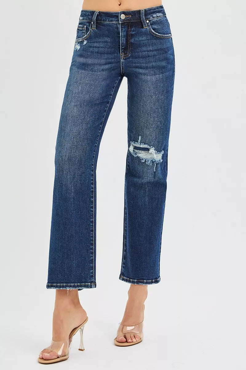 High Rise Crop Slim Straight RISEN Jeans with Hidden Knee Patch