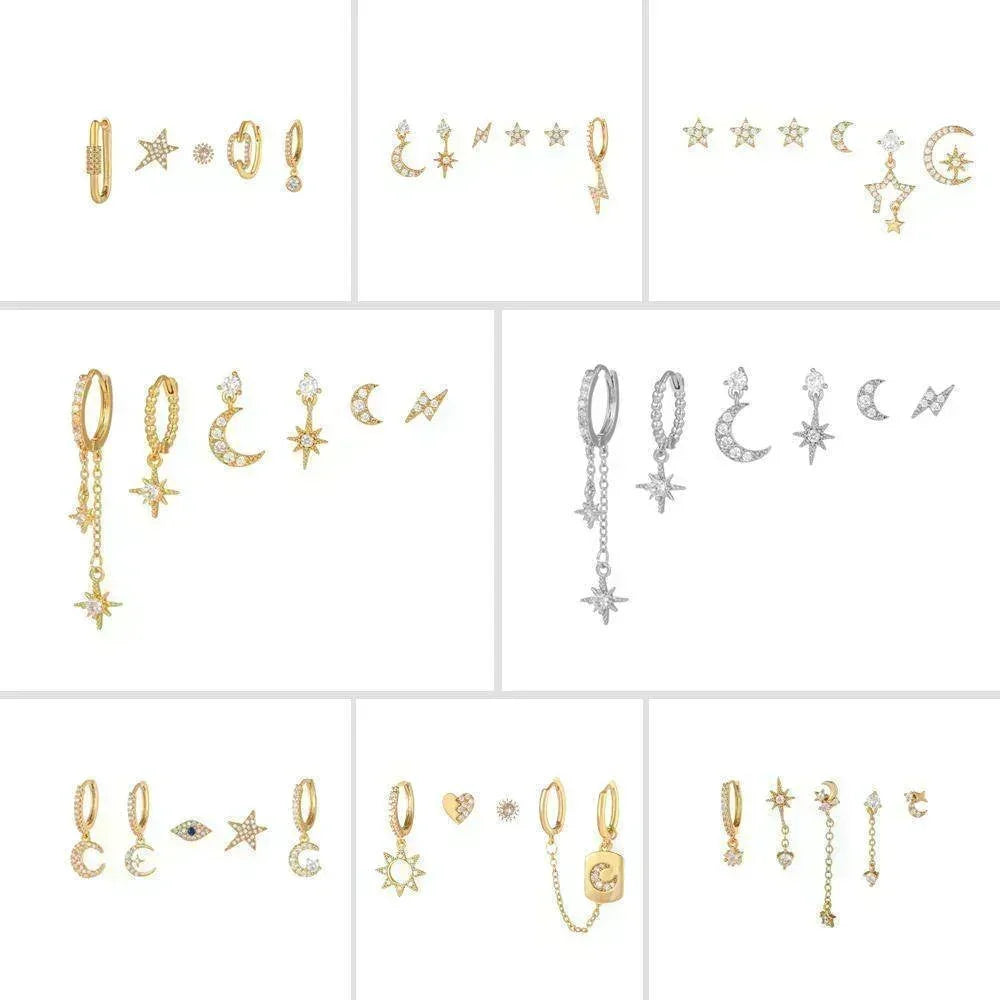 6 Pieces Dainty Glam Earring Set, 18k Gold Hoops, S925 Needle, Stacked Lobe Designs with Dazzling Zirconia