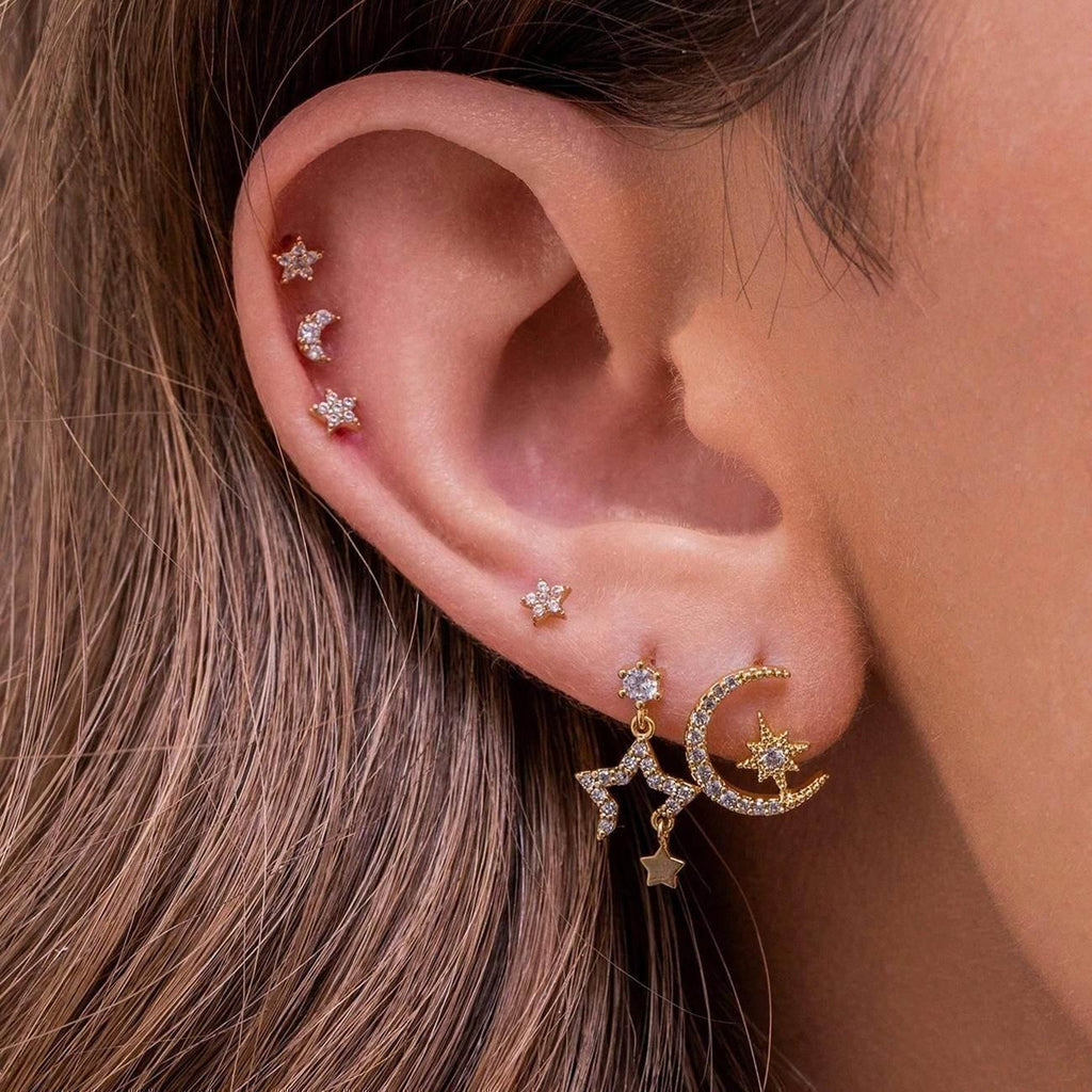6 Pieces Crystal Cascade Drops Earring Set, 18k Gold Hoop with Drops, S925 Needle, Stacked Lobe Designs with Dazzling Zirconia