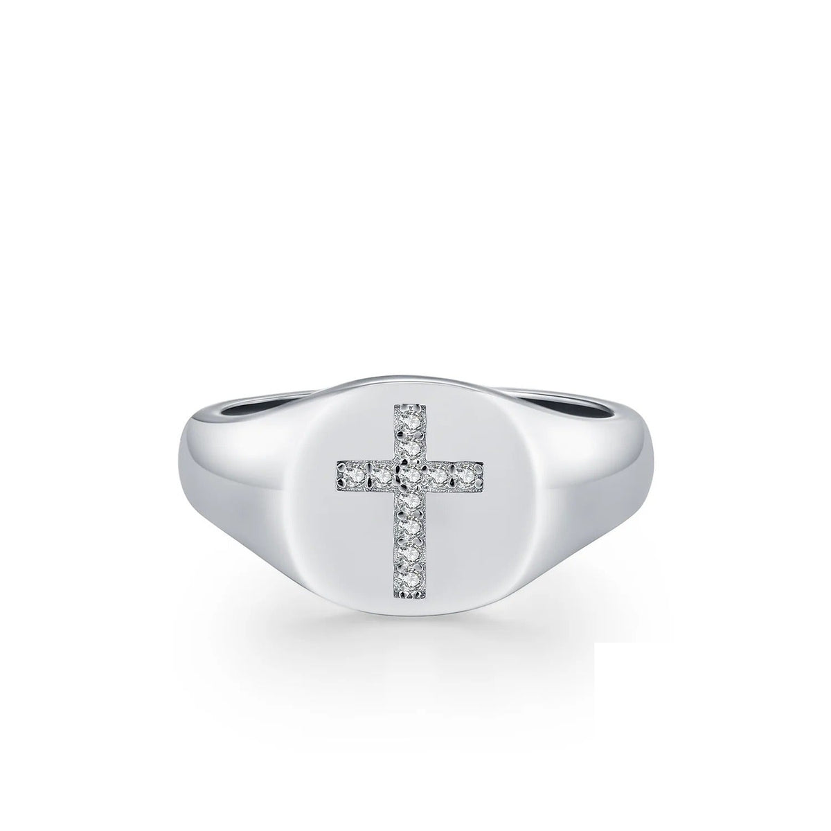Geometric Cross Signet Engagement Ring in Sterling Silver with D-Color VVS1 Moissanite Accents
