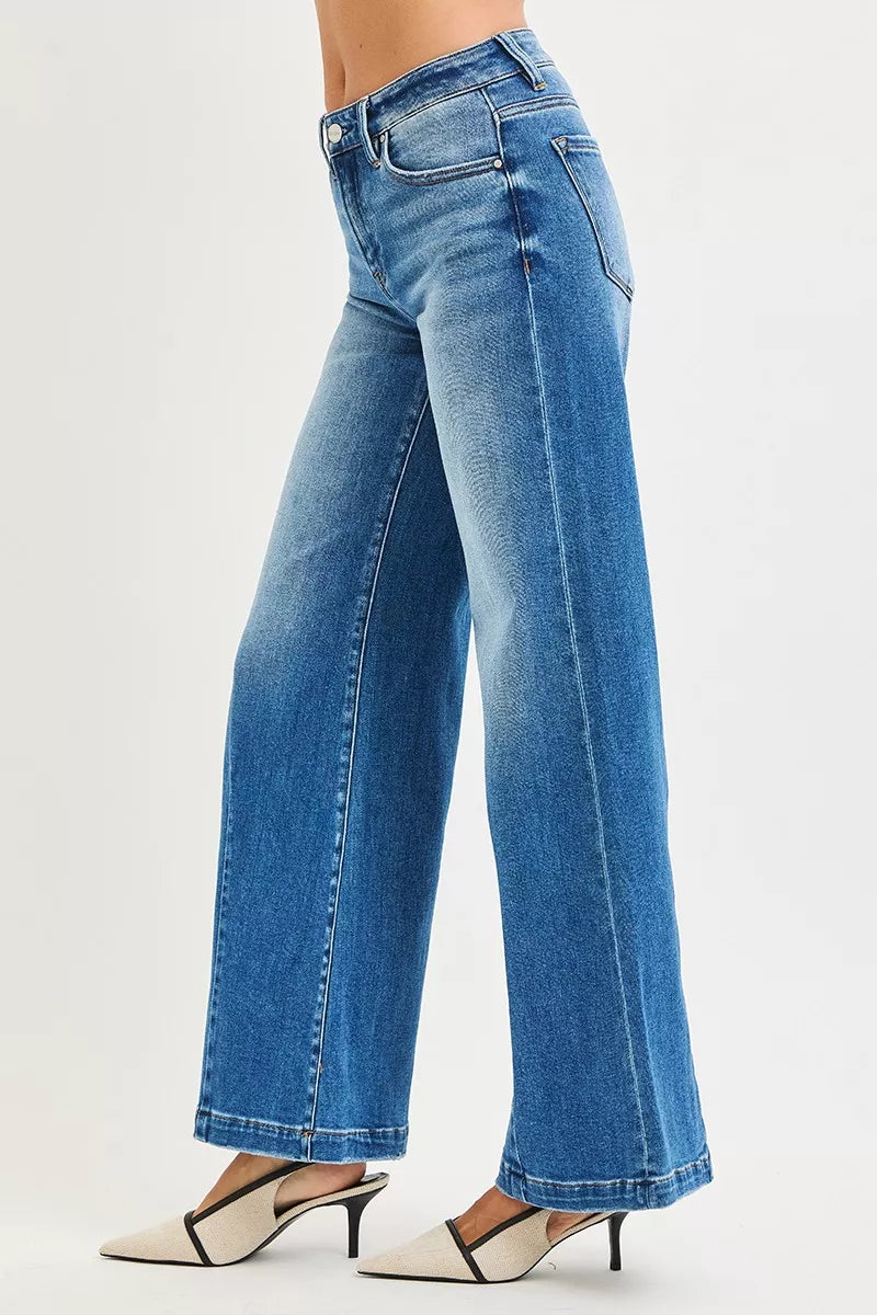 RISEN Jeans - Full Size Mid Rise Wide Leg Jeans with Flared Look