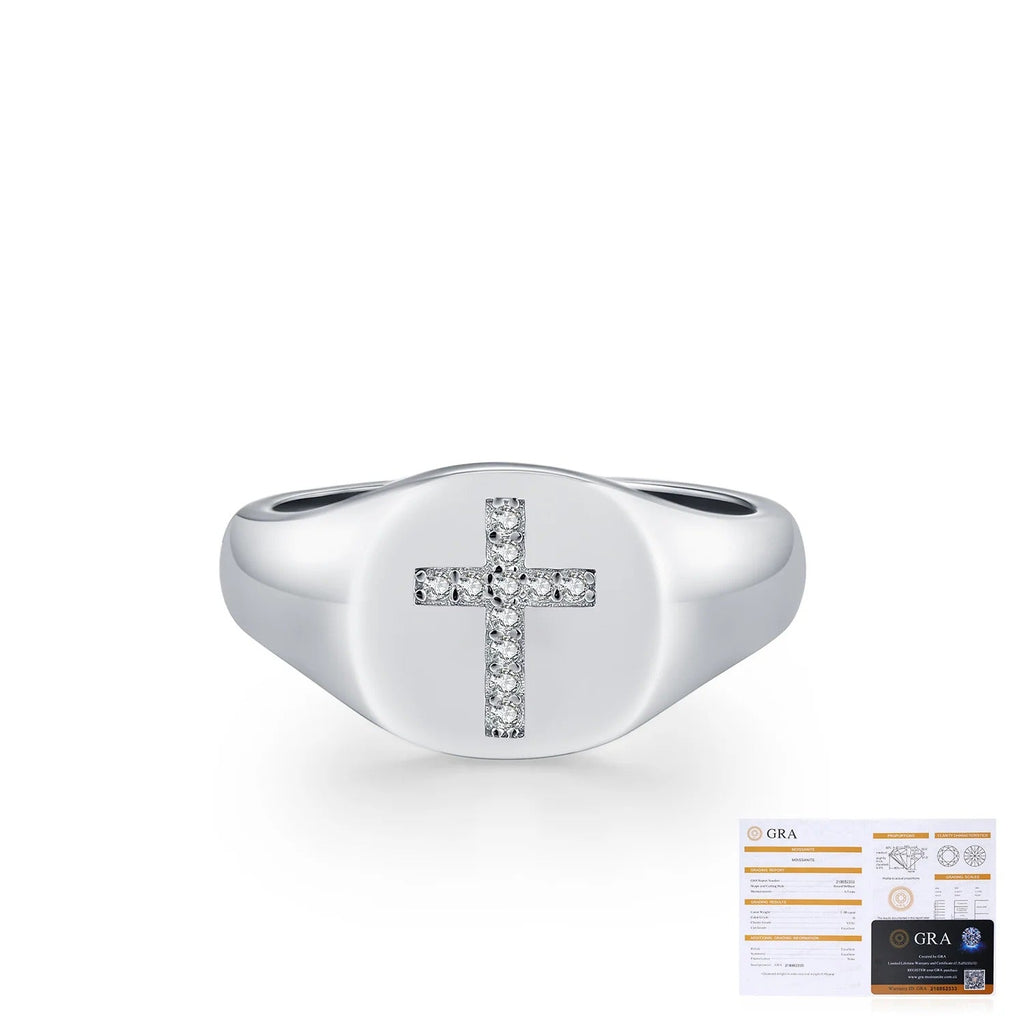Geometric Cross Signet Engagement Ring in Sterling Silver with D-Color VVS1 Moissanite Accents