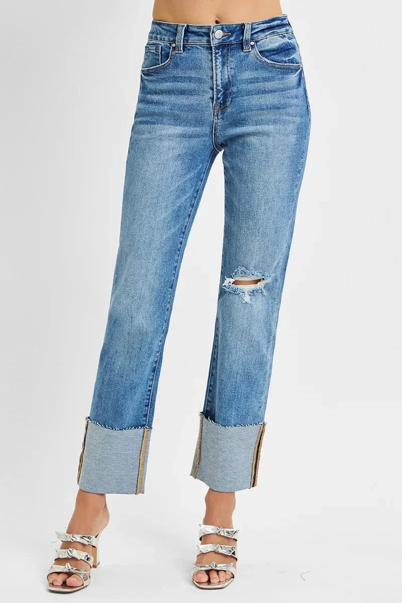 RISEN Jeans - Plus Size High Rise Straight Wide Cuffed Jeans
