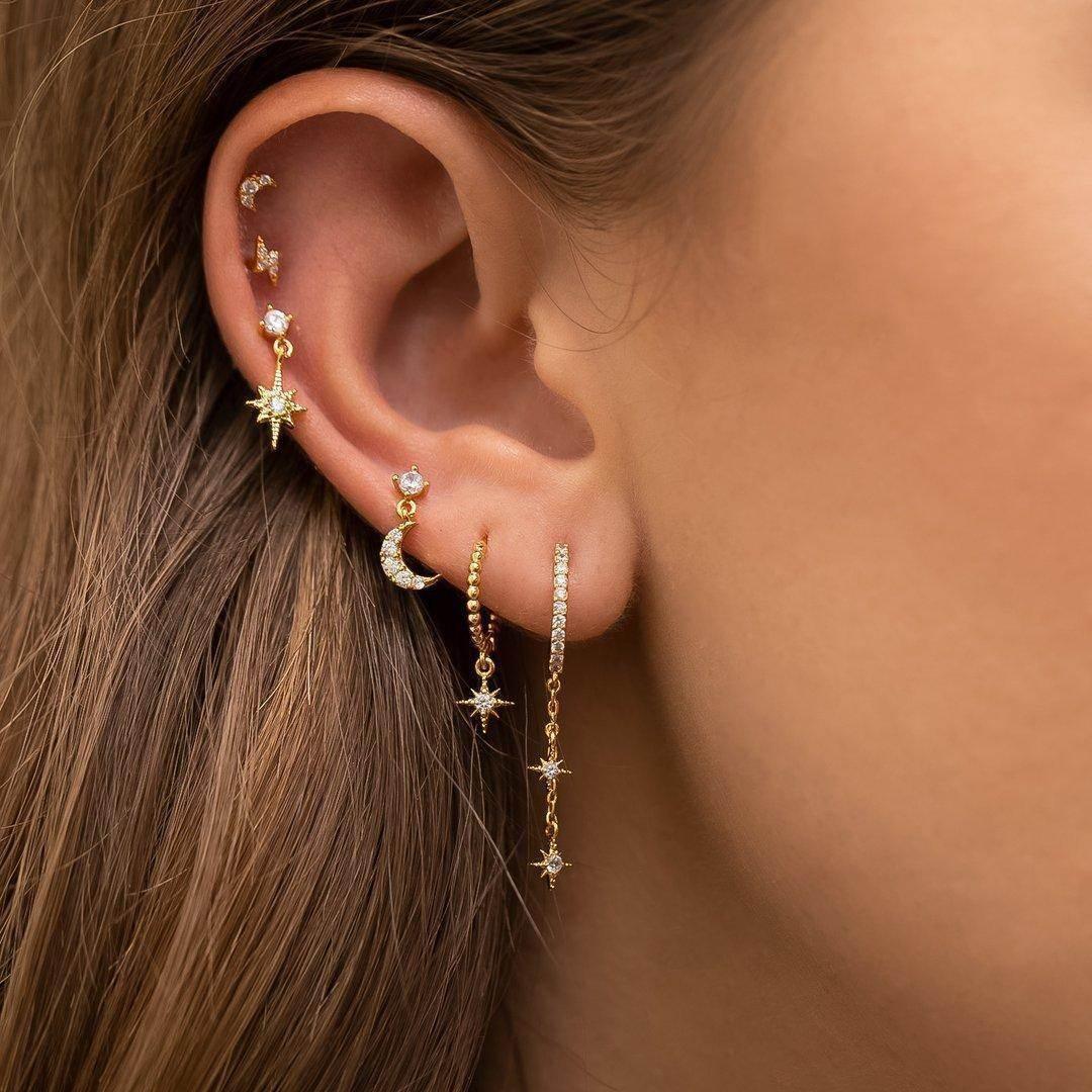 5 Pieces Sun & Moon Romance Earring Set, 18k Gold Hoop Stud Drop, S925 Needle, Stacked Lobe Designs with Dazzling Zirconia
