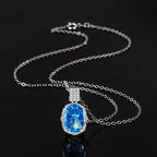 Multicolor Ice Flower Cut Oval CZ Pendant Necklace, Blue & Green 10*14mm 8A Cubic Zirconia, Two-Tone Pave CZ Halo with Pavé Top Frame, Adjustable Chain, Dainty Luxe