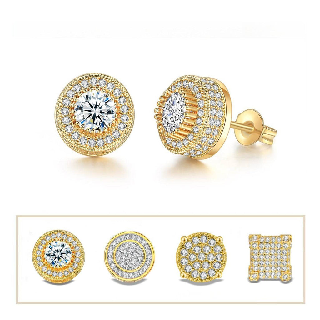 Iced Out CZ 18k Dazzling Stud Earrings, S925 Silver Post, 4 Style Options, Hip Hop Hypoallergenic 4A Cubic Zirconia Bling Studs for Men and Women