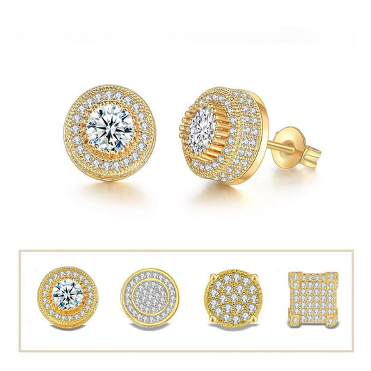 Iced Out CZ 18k Dazzling Stud Earrings, S925 Silver Post, 4 Style Options, Hip Hop Hypoallergenic 4A Cubic Zirconia Bling Studs for Men and Women