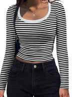 Striped Long Sleeve Scoop Neck T Shirt