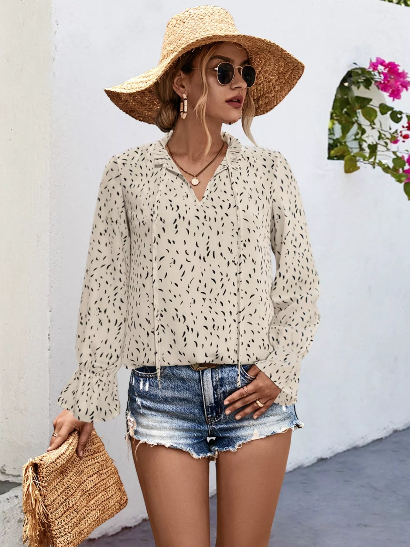 Ruffled Printed Tie Neck Long Sleeve Blouse