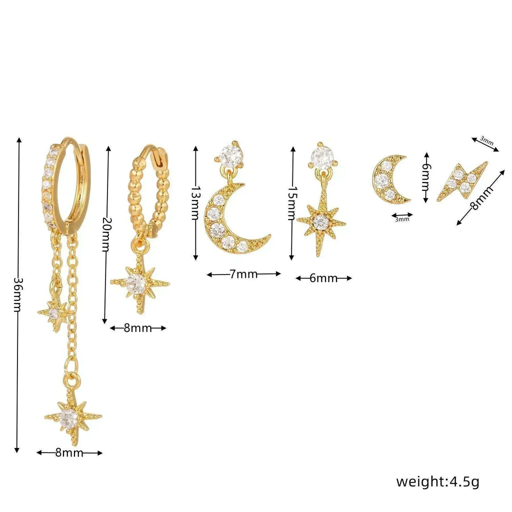 6 Pieces Geometric Prism Drops Earring Set, 18k Gold Hoop with Drops, S925 Needle, Stacked Lobe Designs with Dazzling Zirconia