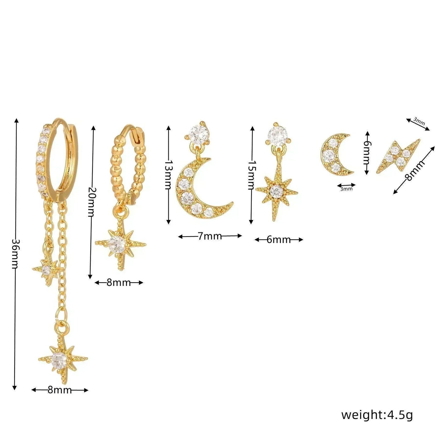 6 Pieces Charming Starflower Links Earring Set, 18k Gold Hoop with Drops, S925 Needle, Stacked Lobe Designs with Dazzling Zirconia