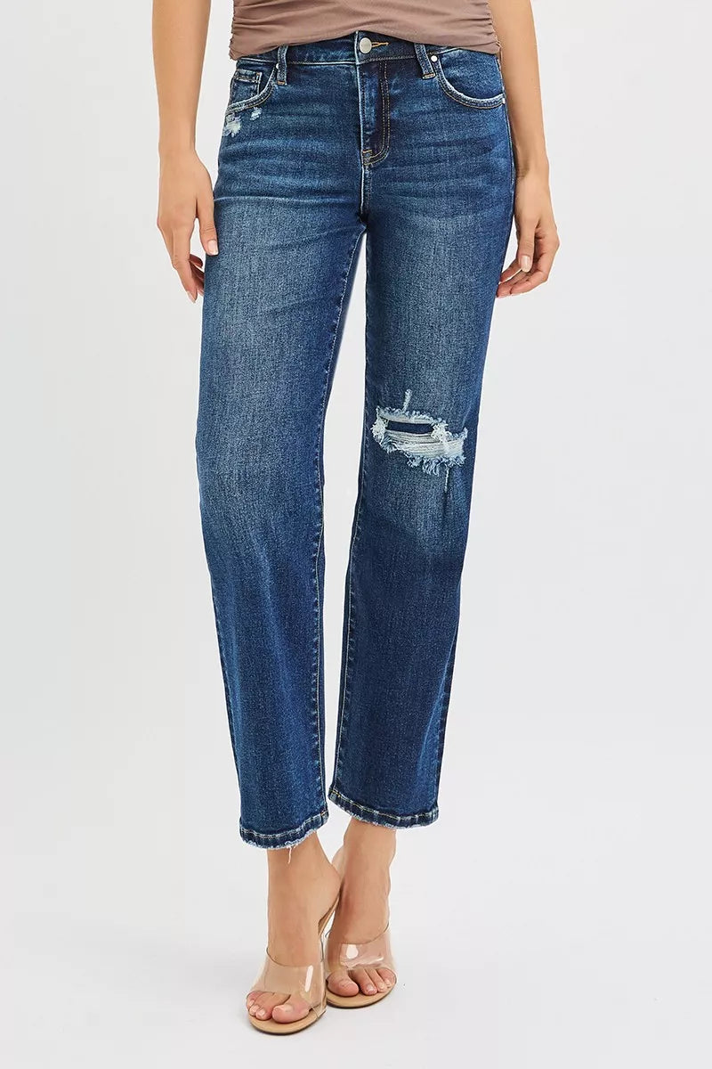 High Rise Crop Slim Straight RISEN Jeans with Hidden Knee Patch