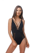 SOLID BLACK MESH INSERTS SEXY ONE PIECE SWIMSUIT
