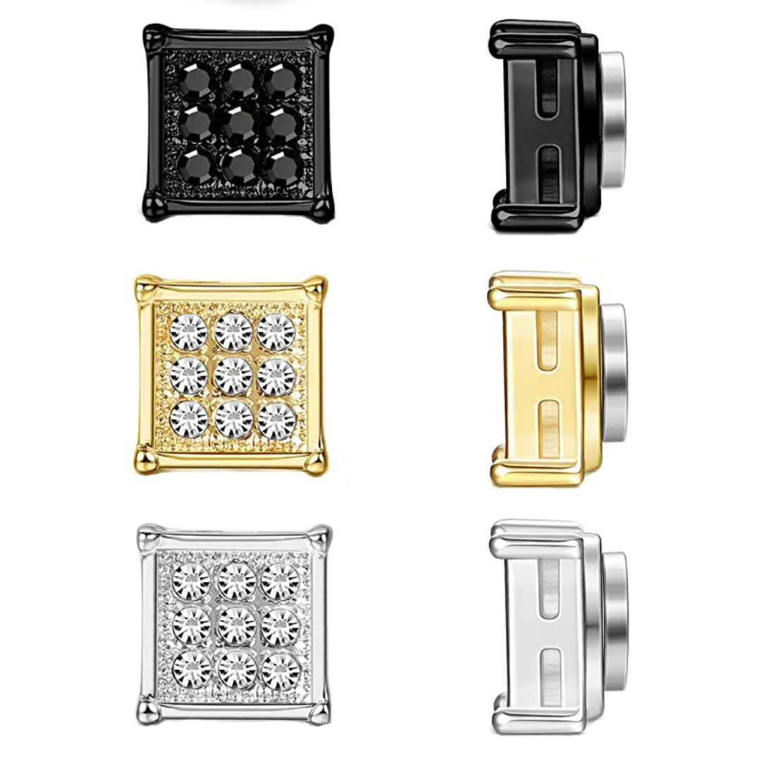 Stainless Steel Magnetic Iced Out CZ Square Stud Earrings for Men Women,  9 Mini Cubic Zirconia Inlaid Magnetic Earrings Non-Piercing Clip On Stud Earring