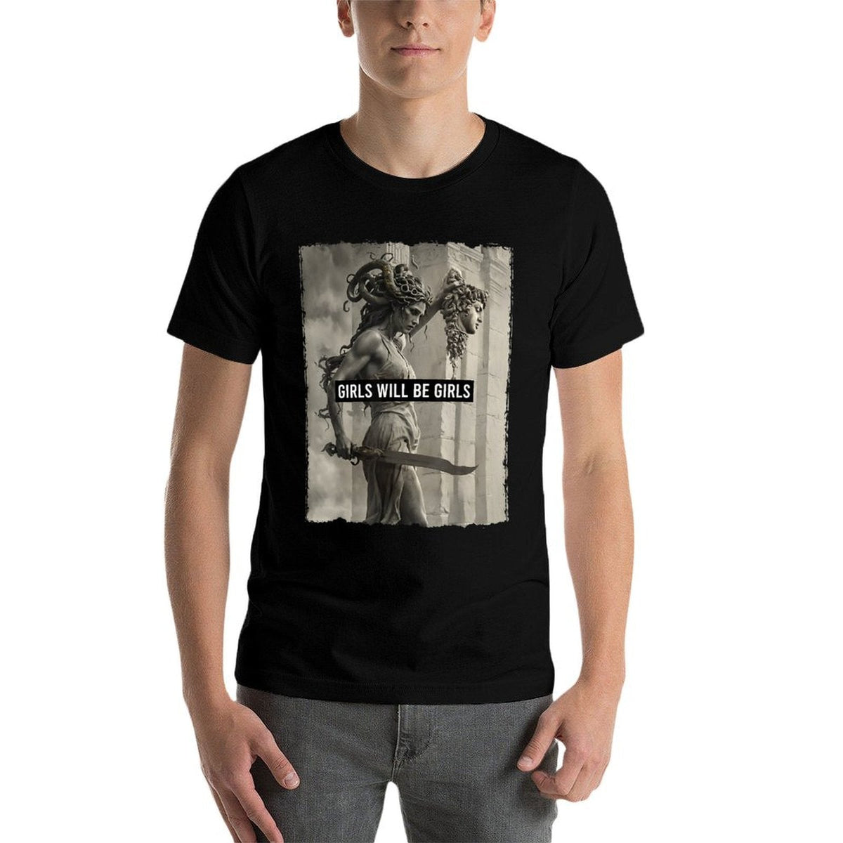 Girl Will Be Girls S Medusa Feminist Women Ribbed Collar T-Shirt