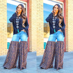 Distressed Light Denim Animal Print Palazzo Wide Leg Jeans