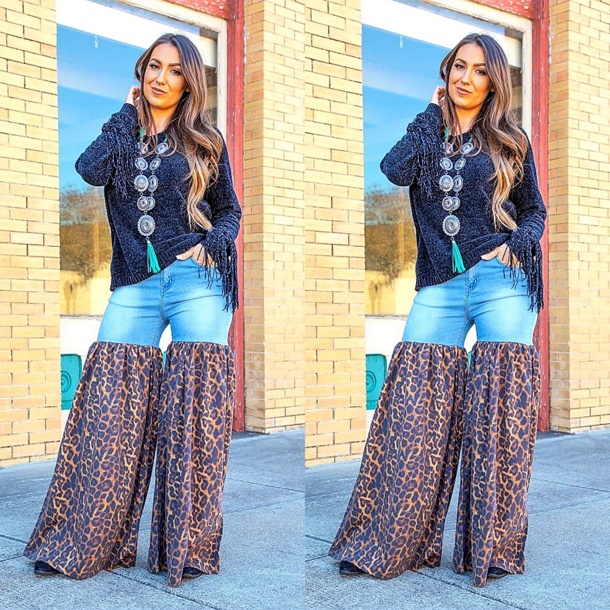 Distressed Light Denim Animal Print Palazzo Wide Leg Jeans