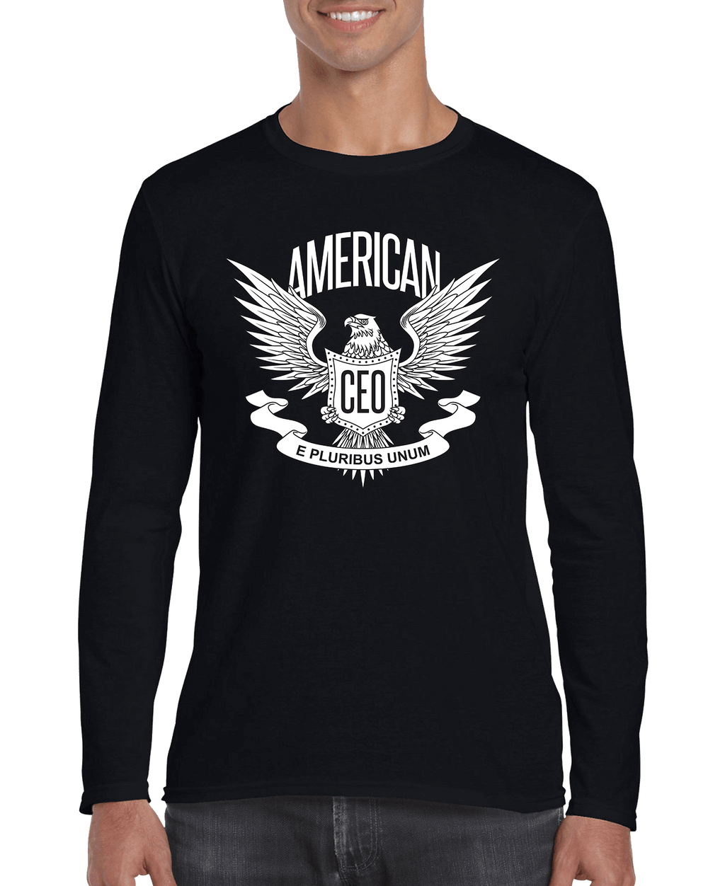 Black long sleeve shirt with a patriotic eagle graphic from American CEO, featuring "E Pluribus Unum".