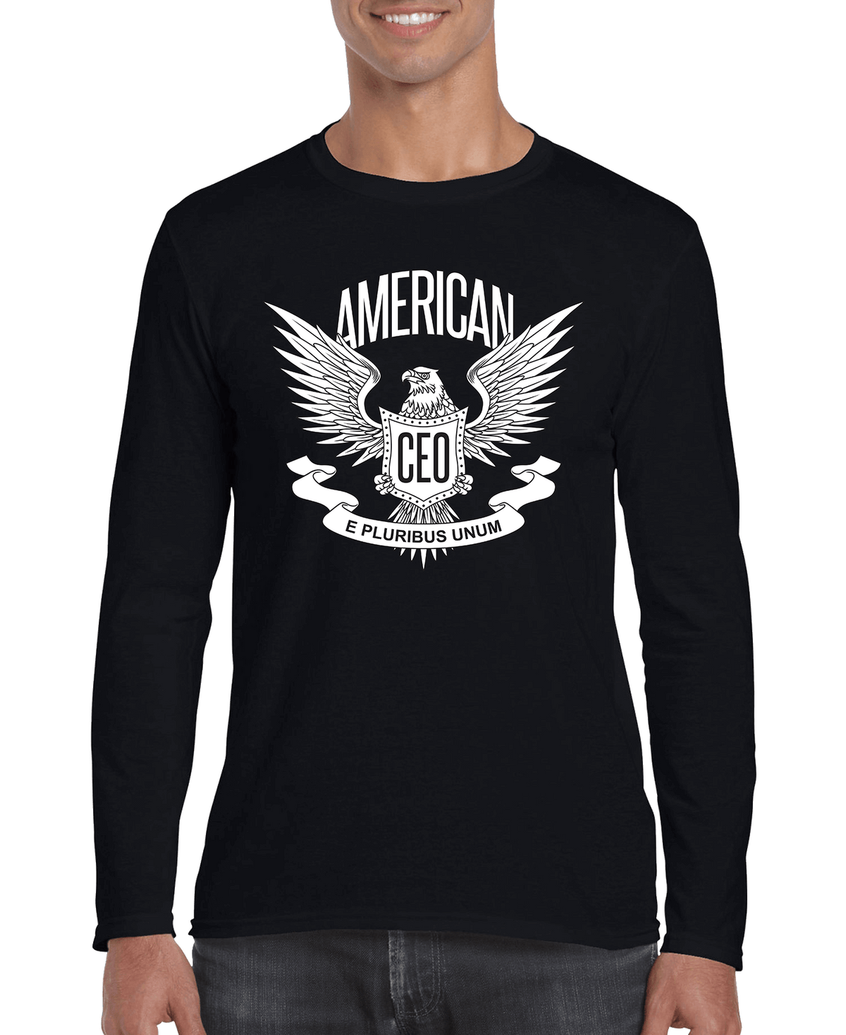 Black long sleeve shirt with a patriotic eagle graphic from American CEO, featuring "E Pluribus Unum".