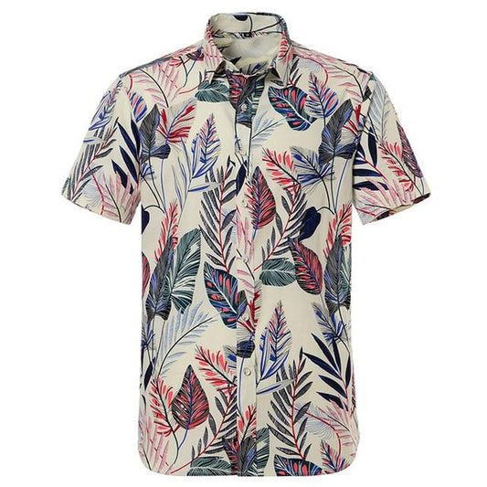 Beige Palm Hawaiian Cotton Short Sleeve Shirt