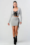 Size Small Cropped Long Sleeve Shirt With Pu Leather Detail Matching Mini Skirt
