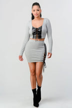 Size Small Cropped Long Sleeve Shirt With Pu Leather Detail Matching Mini Skirt