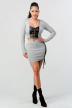 Size Small Cropped Long Sleeve Shirt With Pu Leather Detail Matching Mini Skirt