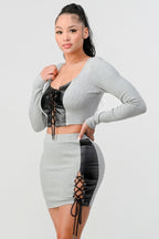 Size Small Cropped Long Sleeve Shirt With Pu Leather Detail Matching Mini Skirt
