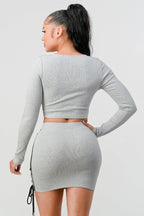 Size Small Cropped Long Sleeve Shirt With Pu Leather Detail Matching Mini Skirt
