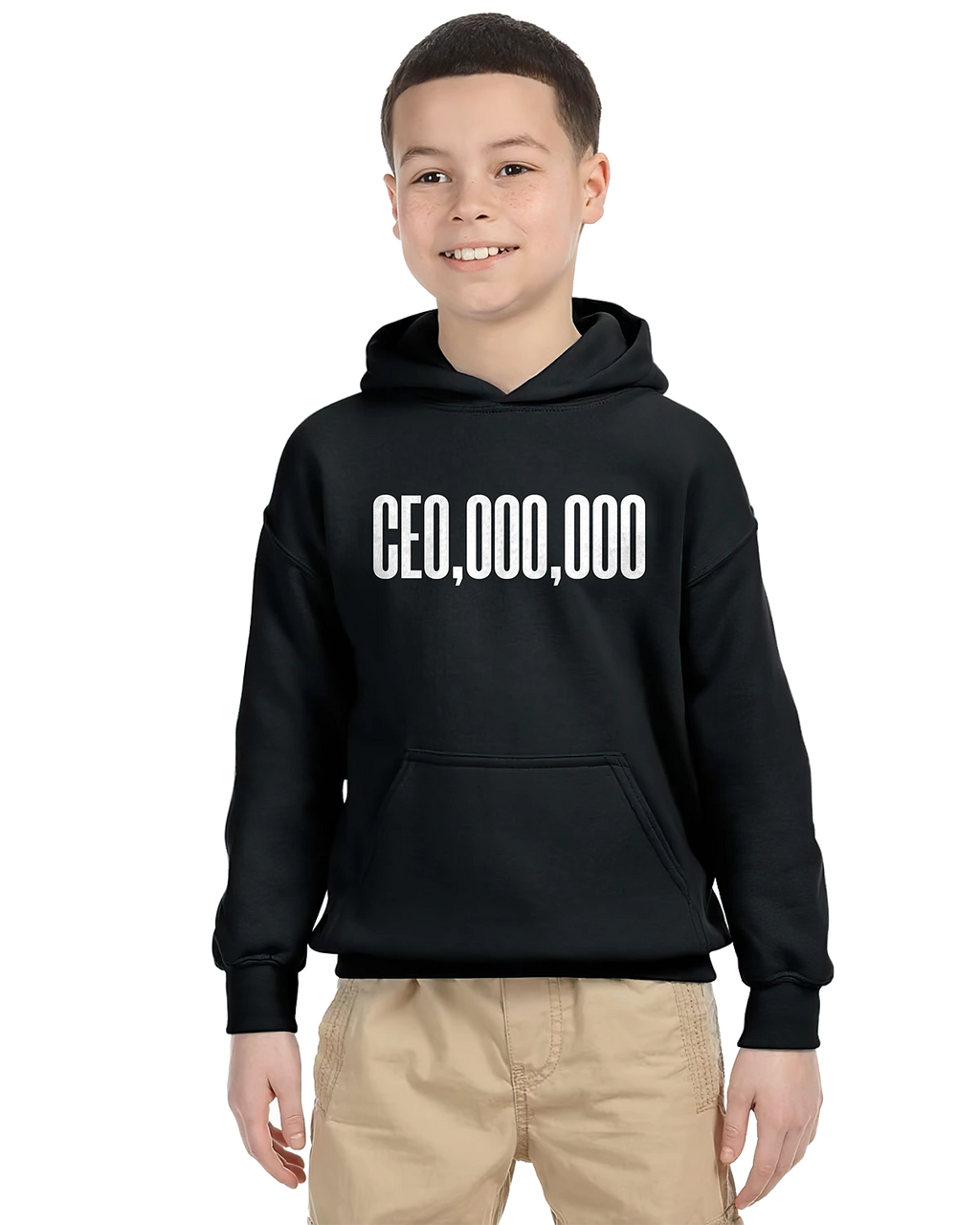 Black unisex kids hoodie with white text, worn with khaki shorts.