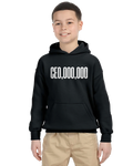 Black unisex kids hoodie with white text, worn with khaki shorts.