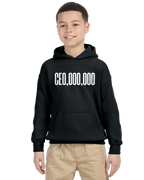 Black unisex kids hoodie with white text, worn with khaki shorts.