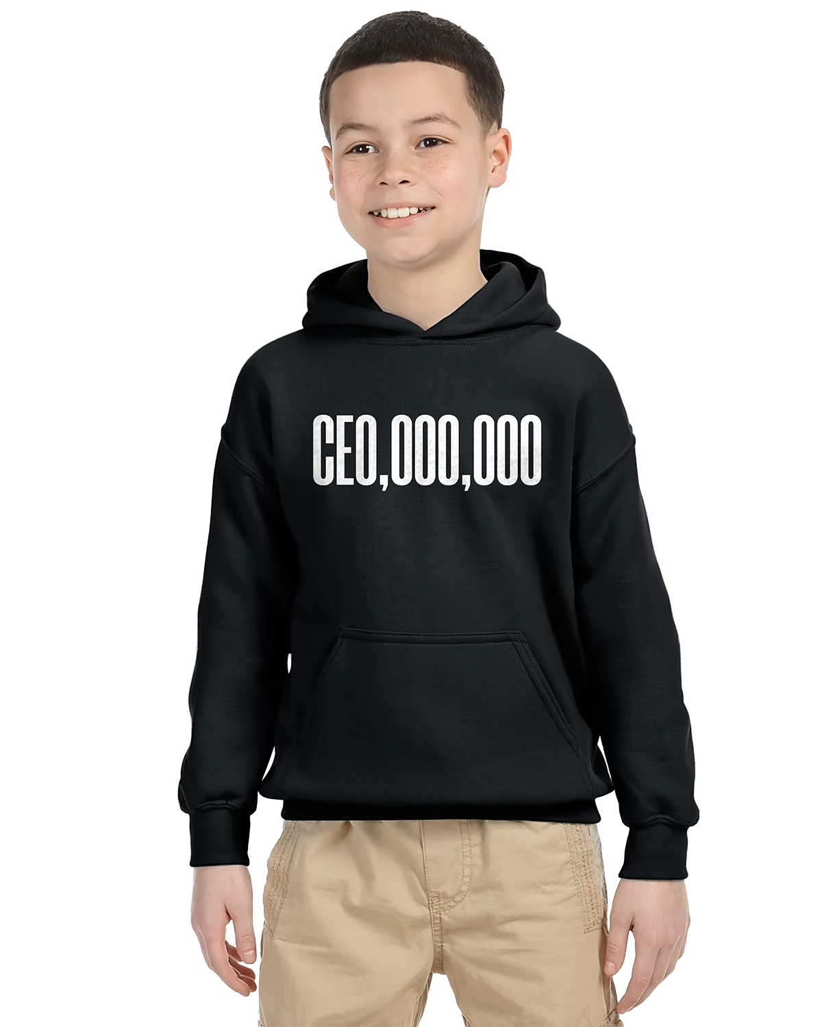 Black unisex kids hoodie with white text, worn with khaki shorts.