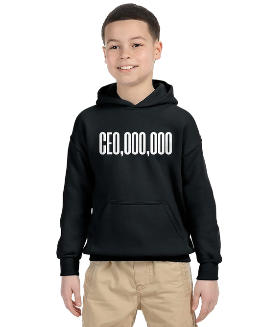 Black unisex kids hoodie with white text, worn with khaki shorts.