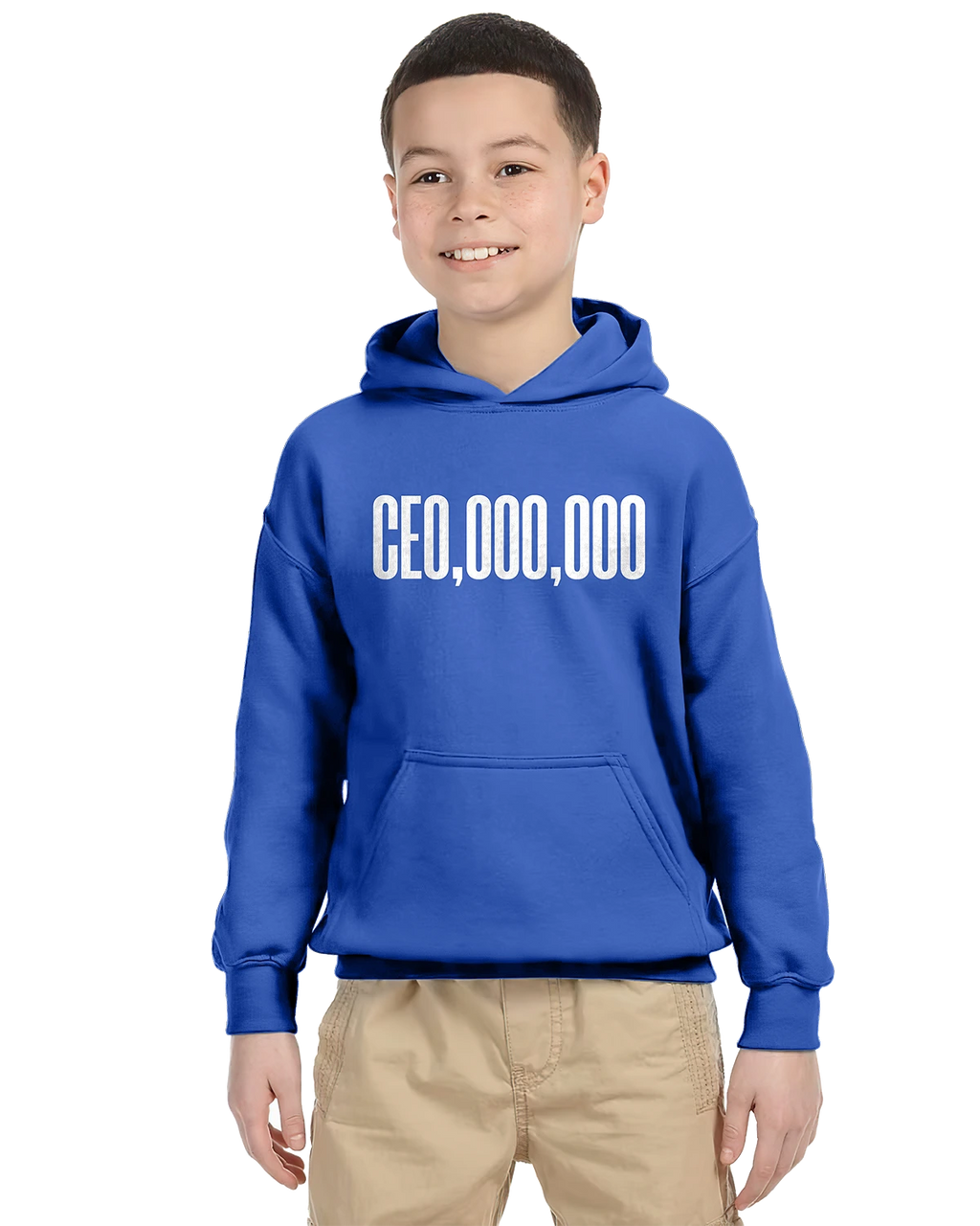 Blue unisex kids hoodie by Gildan, featuring a novelty graphic on the front, worn with khaki shorts.