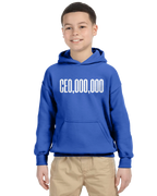 Blue unisex kids hoodie by Gildan, featuring a novelty graphic on the front, worn with khaki shorts.