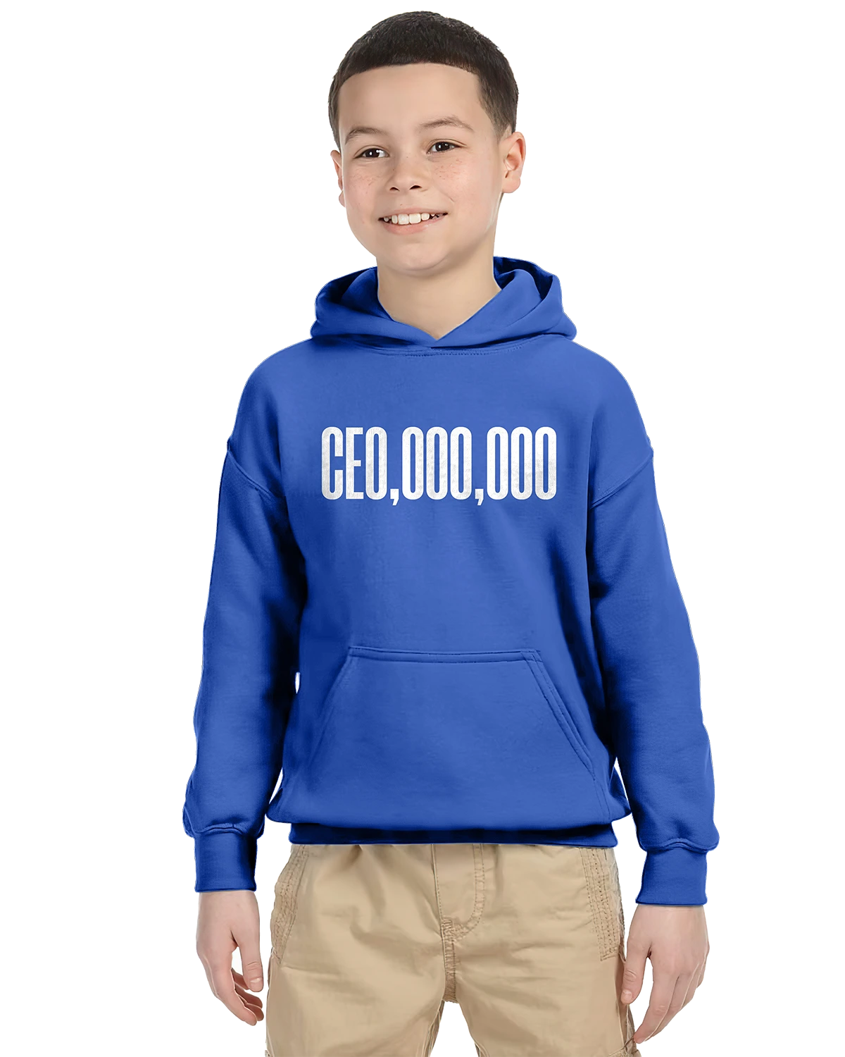 Blue unisex kids hoodie by Gildan, featuring a novelty graphic on the front, worn with khaki shorts.