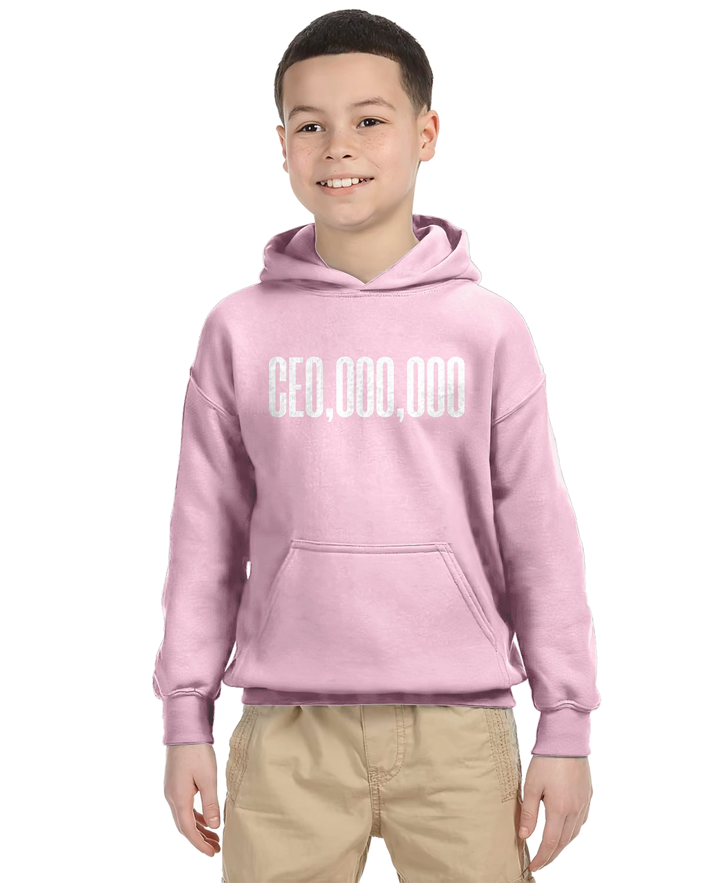 Pink unisex kids hoodie with 'CEO,OOO,OOO' in white, worn with khaki pants.