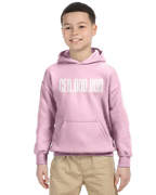 Pink unisex kids hoodie with 'CEO,OOO,OOO' in white, worn with khaki pants.