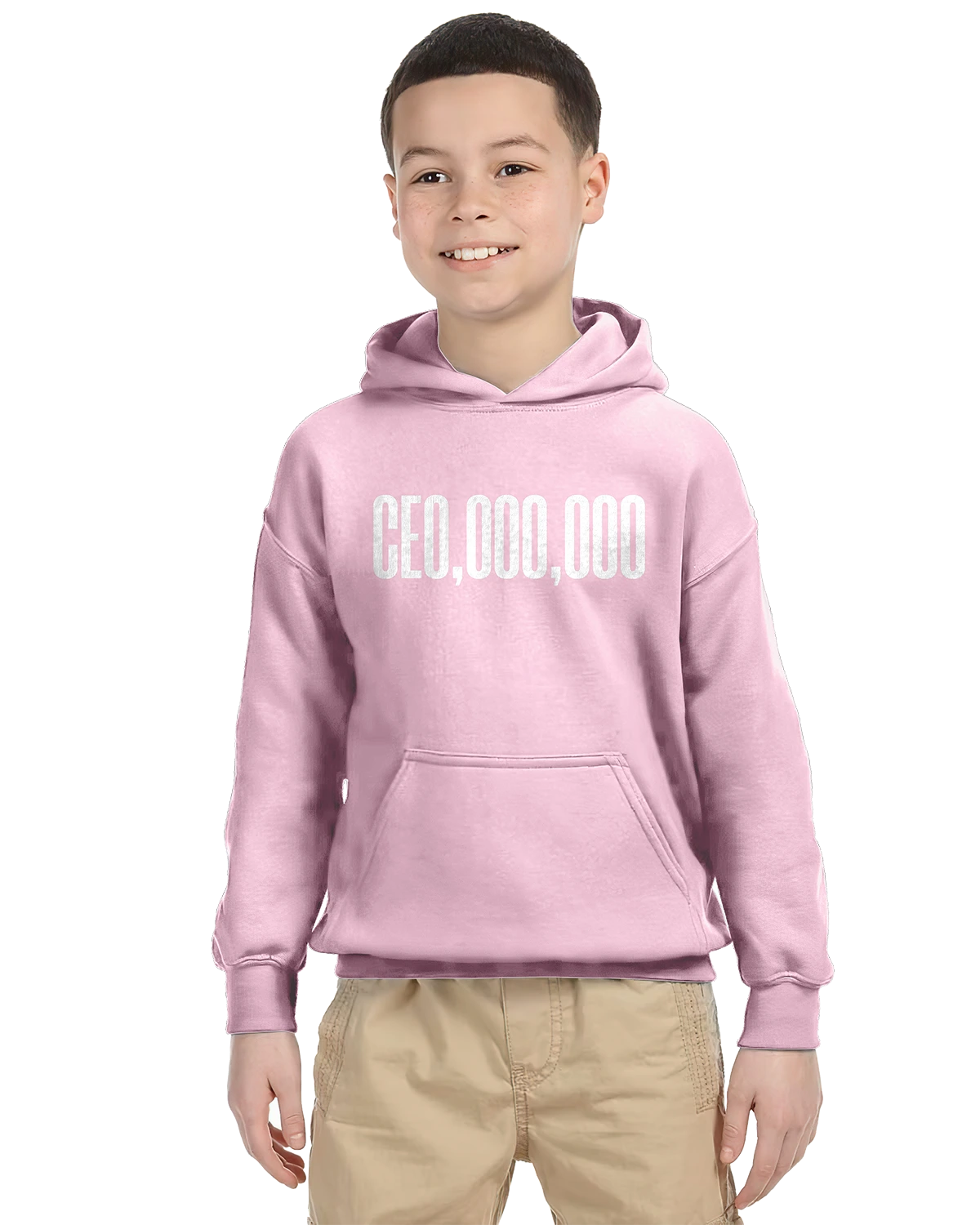 Pink unisex kids hoodie with 'CEO,OOO,OOO' in white, worn with khaki pants.